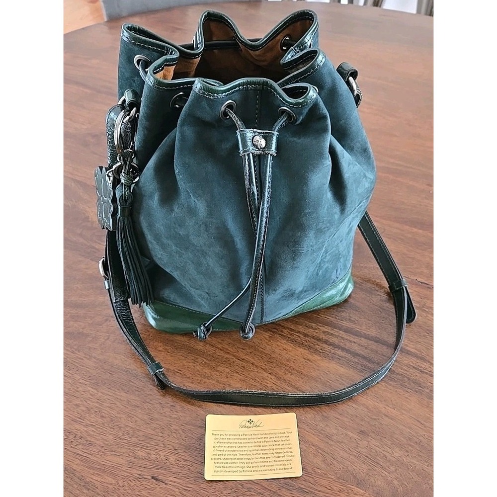 Patricia Nash Melrose Drawstring w/ Floret Key Fob Green Nubuck Suede Crossbody